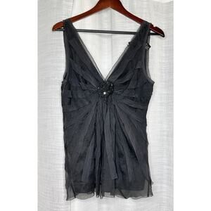 DKNY Silk Sleeveless Layered Shell Top Size 14 Gray Ruffles Sequins Rosette